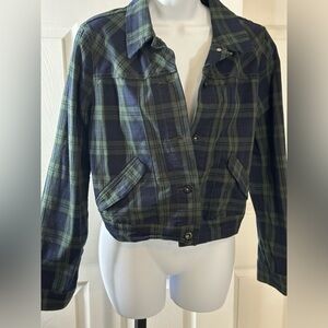 Women’s Levi’s plaid denim jacket button front SZ M navy & green color